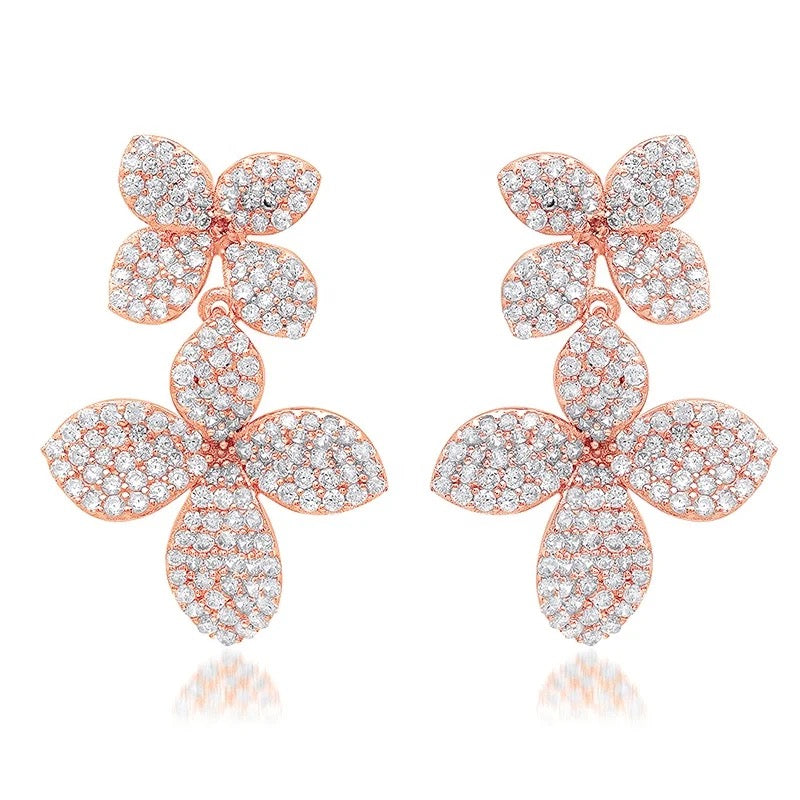 Double Flower Leaf Pavé Drop Earrings