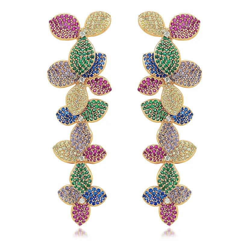 Multicolored Flower Leaf Pavé Tiered Drop Earrings