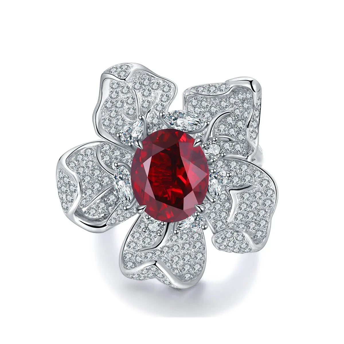 Lab Grown Ruby Pavé Flower Cocktail Ring