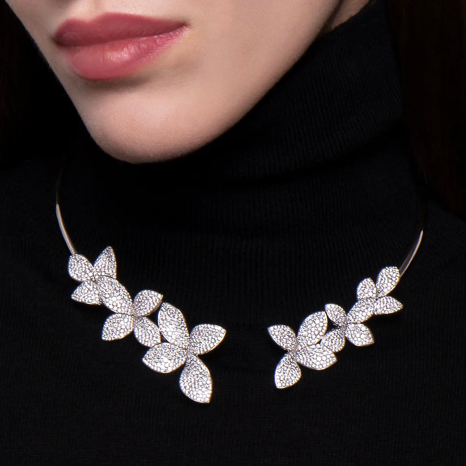 Flower Leaf Pavé Collar Necklace