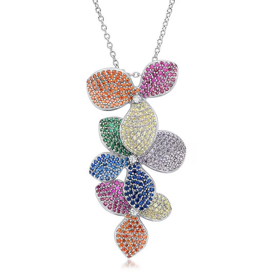 Multicolored Flower Leaf Pavé Pendant Necklace